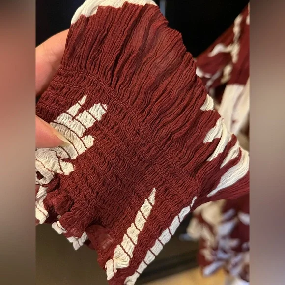 Anthropologie Marais Chiffon Mini Dress w/ ruffled skirt. Maroon, white. L-XL - Picture 11 of 15